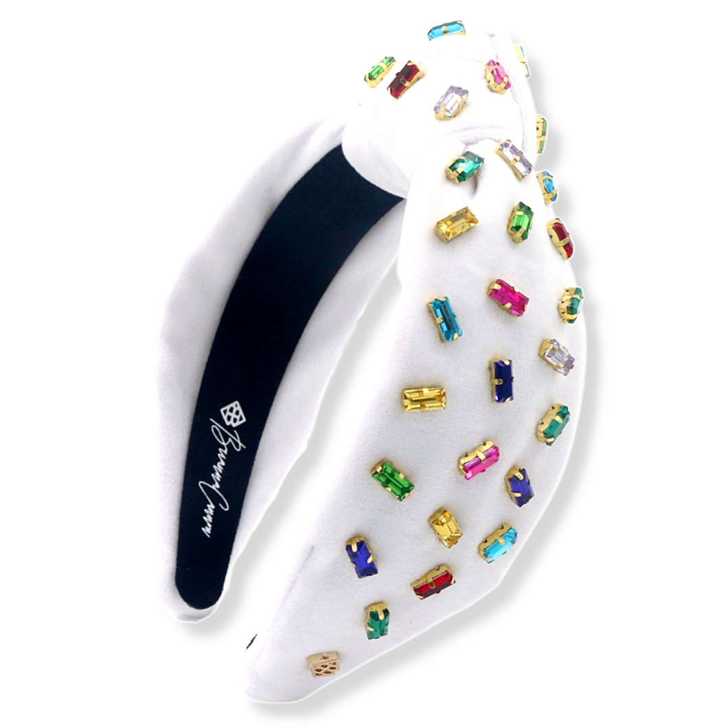 WHITE VELVET HEADBAND WITH CONFETTI RAINBOW CRYSTALS