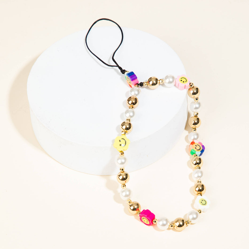 Fame Accessories - Floral Smiley Face Beaded Phone Strap