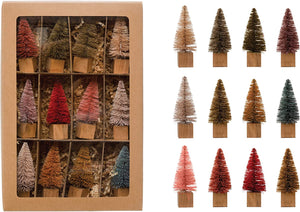 3"H Bottle Brush Trees with Wood Base, Multi Color, Boxed Set of 12