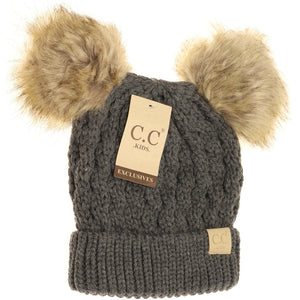 Kids Cable Knit Fur Pom CC Beanie