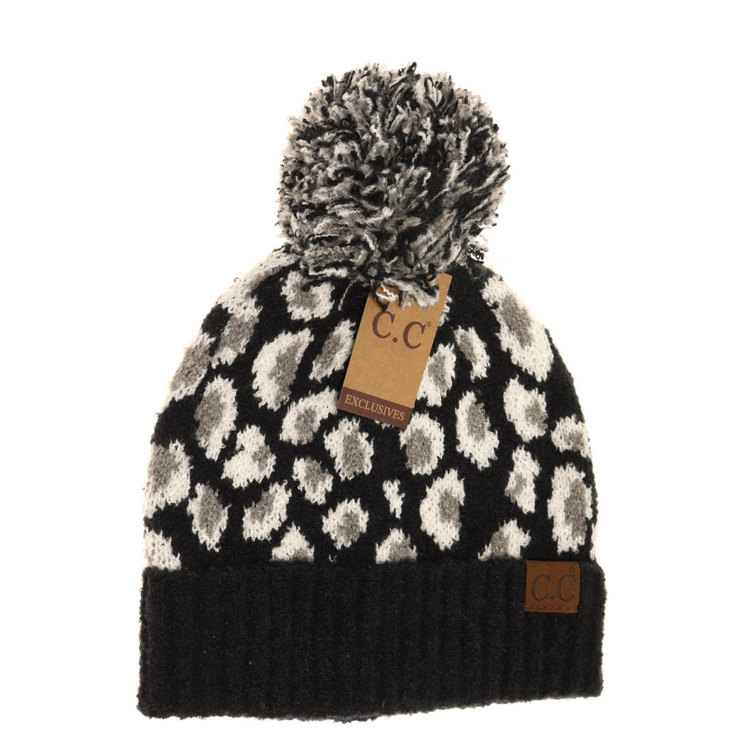 Leopard Boucle Knit Pom CC Beanie